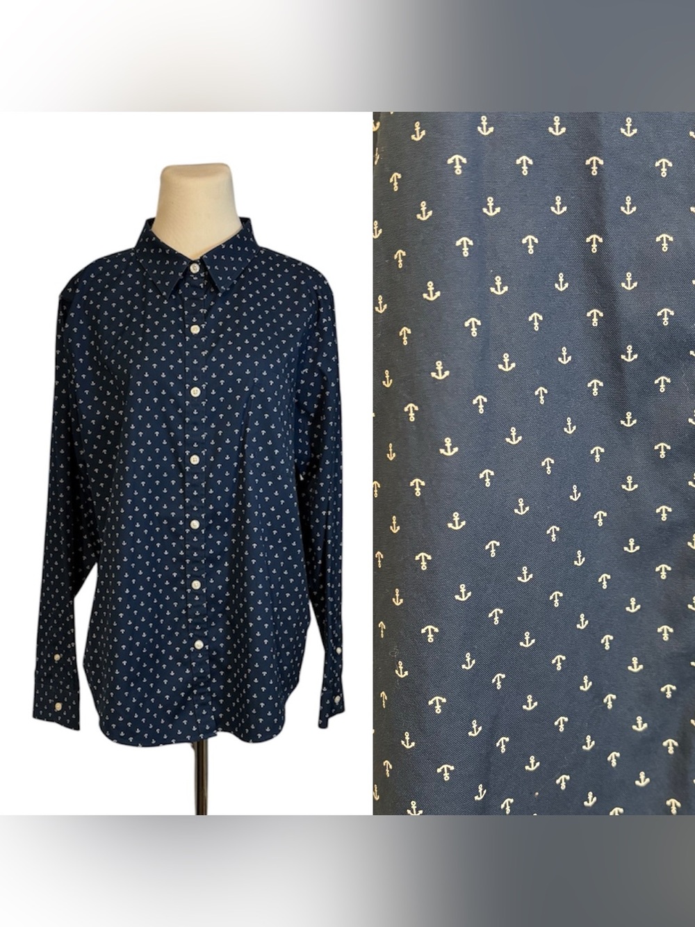 L.L. Bean XL Navy Anchor Print 100% Cotton Long Sleeve Collar Button Down Shirt